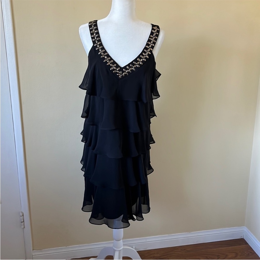 S.L. Fashions Black Tiered Ruffle Midi Dress with Metallic Trim